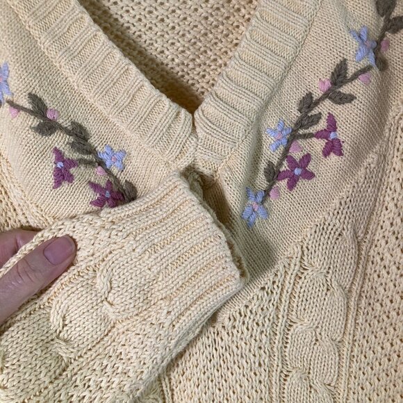Womens Vintage 80s Gitano V Neck Cable Knit Sweater Floral Yellow L 3/4 Sleeve - Picture 3 of 8